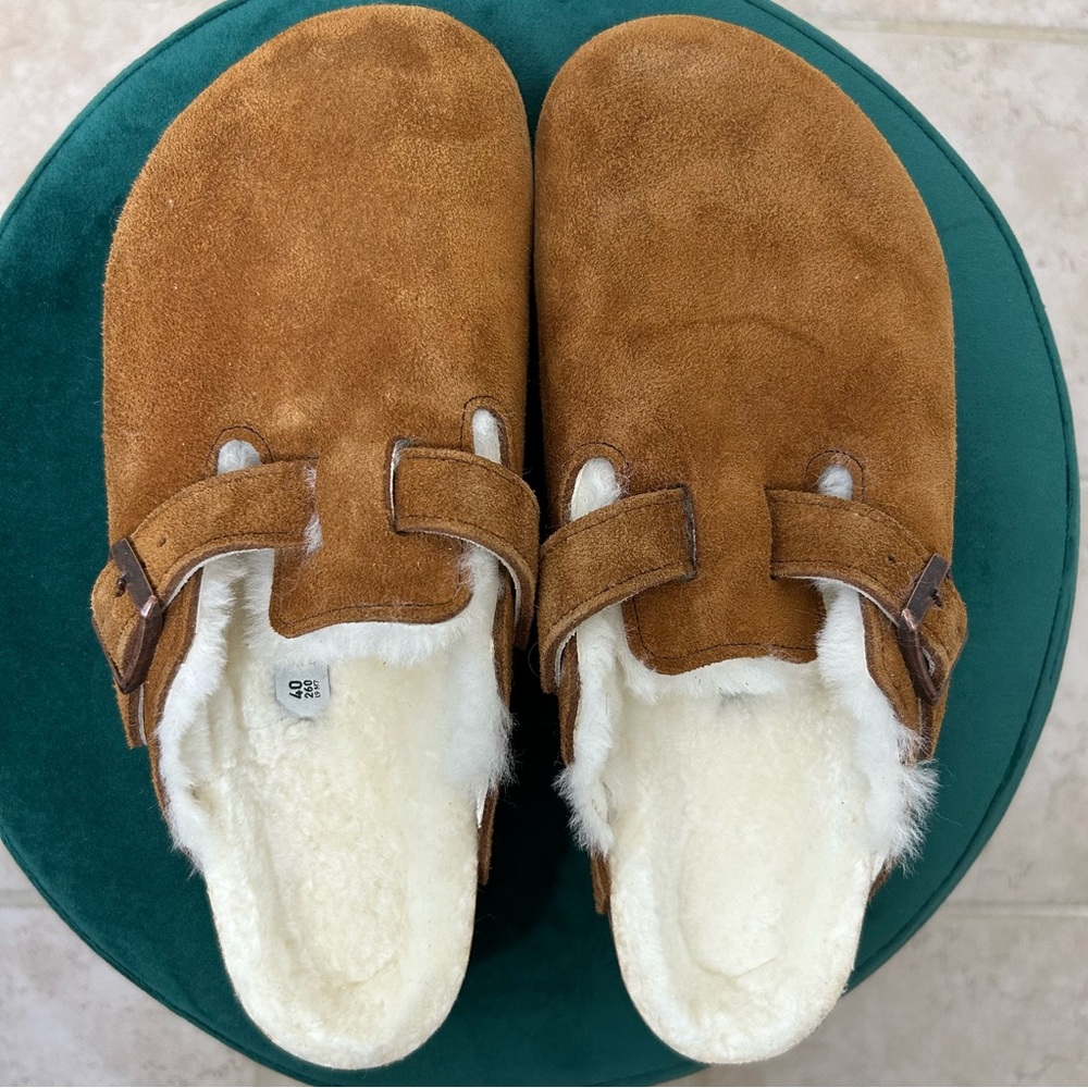 Birkenstock Boston Suede Shearling Clogs, Size 9/ 9.5